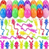 Menzcci 48 Pack Mini Easter Sticky Hand Toys with 24 Pcs Filled Plastic Eggs, Bunny Chick Sticky Stretchy Toys for Kids Boys Girls Easter Basket Stuffers Party Favors Gifts