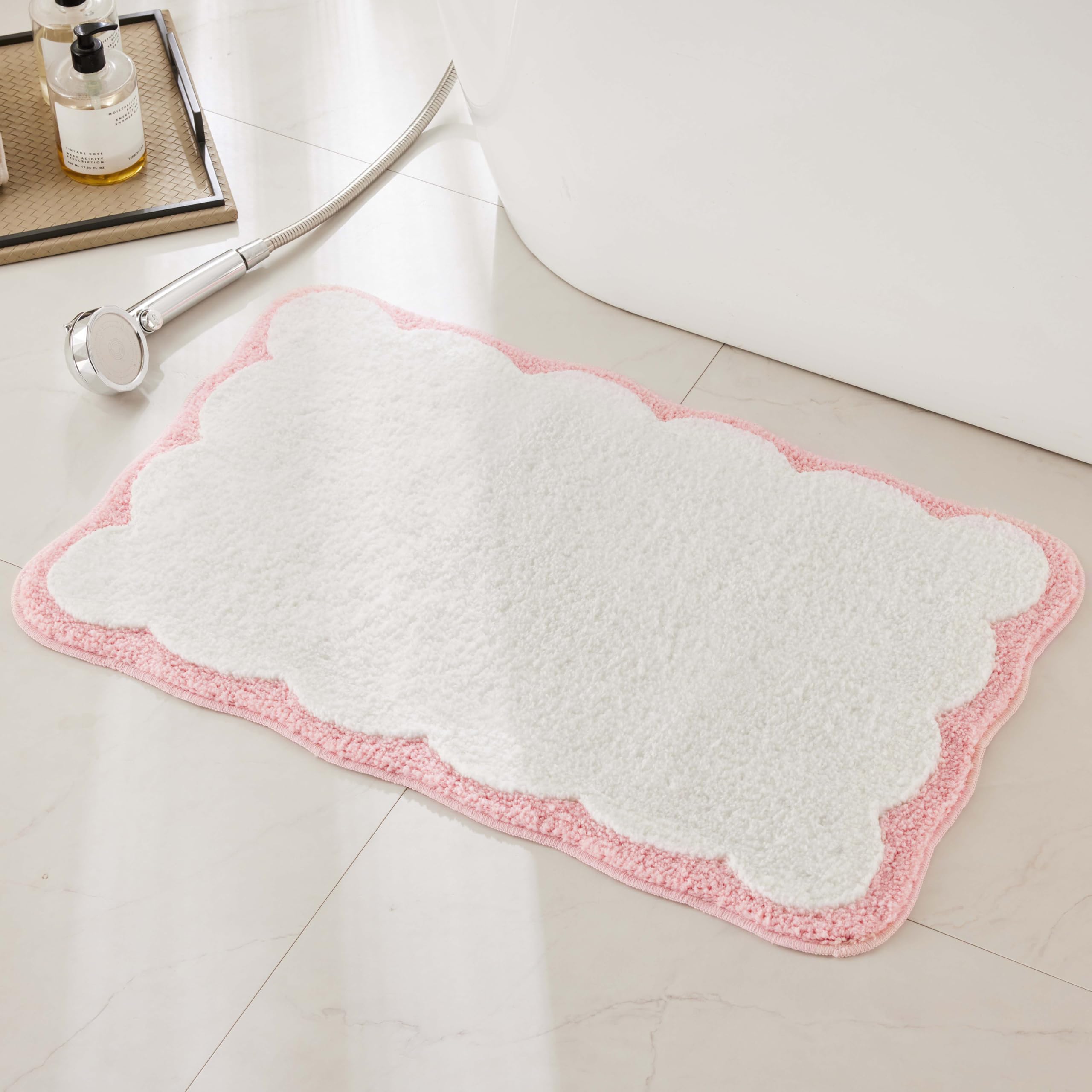 Photo 1 of Luxury Microfiber Bathroom Rugs, White Bath Rug with Pink Scalloped Piping Cute Aesthetic Girly Bath Mat for Women's Bathroom, Tub, Floor Carpet, Sink, Shower, Anti Slip, Absorbent, 32x20