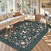 GarveeHome Washable Floral Area Rug 5x7 for Living Room Non Slip Bedroom Rug Soft Stain Resistant Large Dining Room Throw Carpet Low Pile Black Bow Rugs Butterfly Flower Carpet for Nursery Entry, 5x7