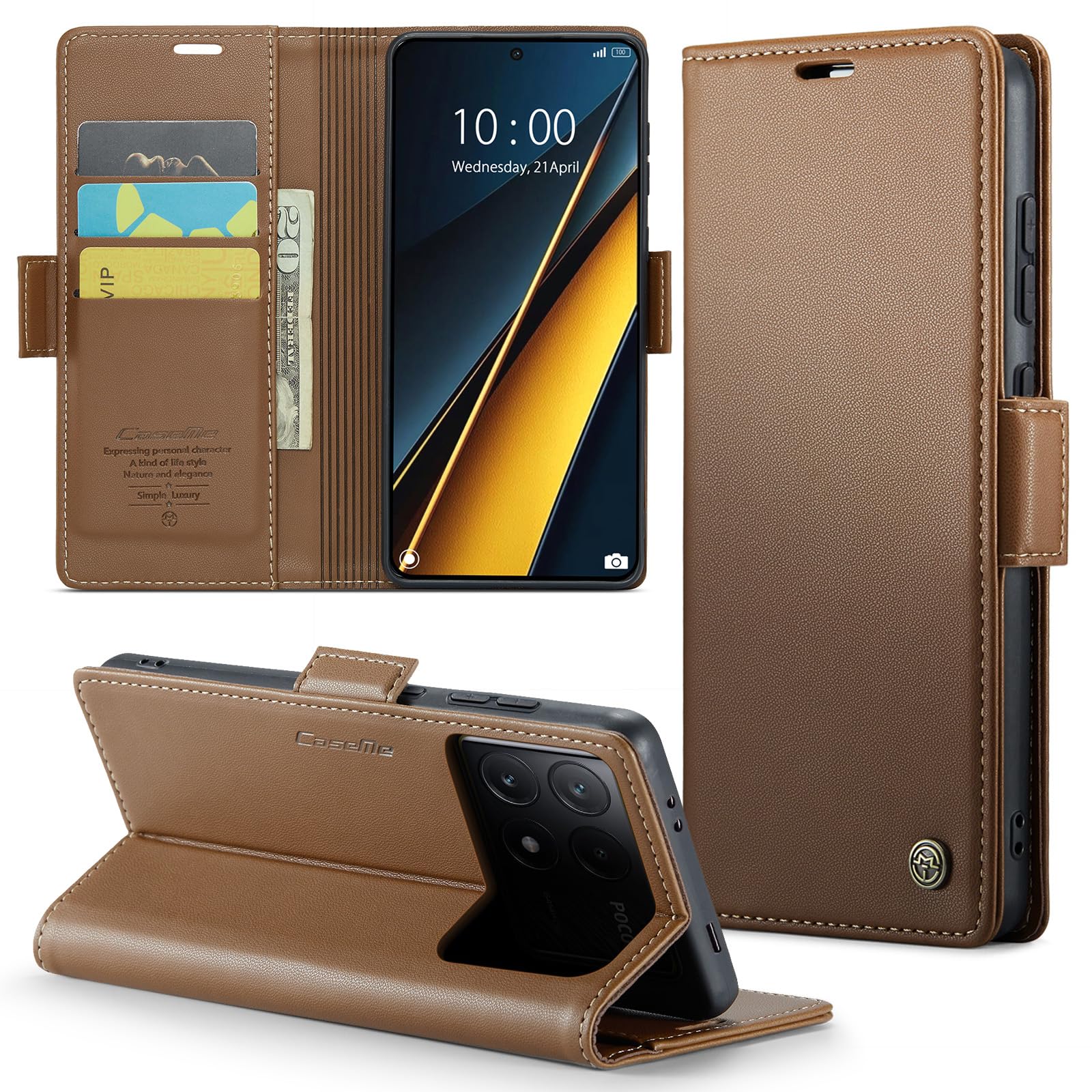 Phernykas Cover for POCO X6 Pro Wallet Case with Card Holder, Kickstand RFID Blocking Magnetic Closure Shockproof Protective PU Leather for POCO X6 Pro 5G Flip Case Wallet - Brown — image 1