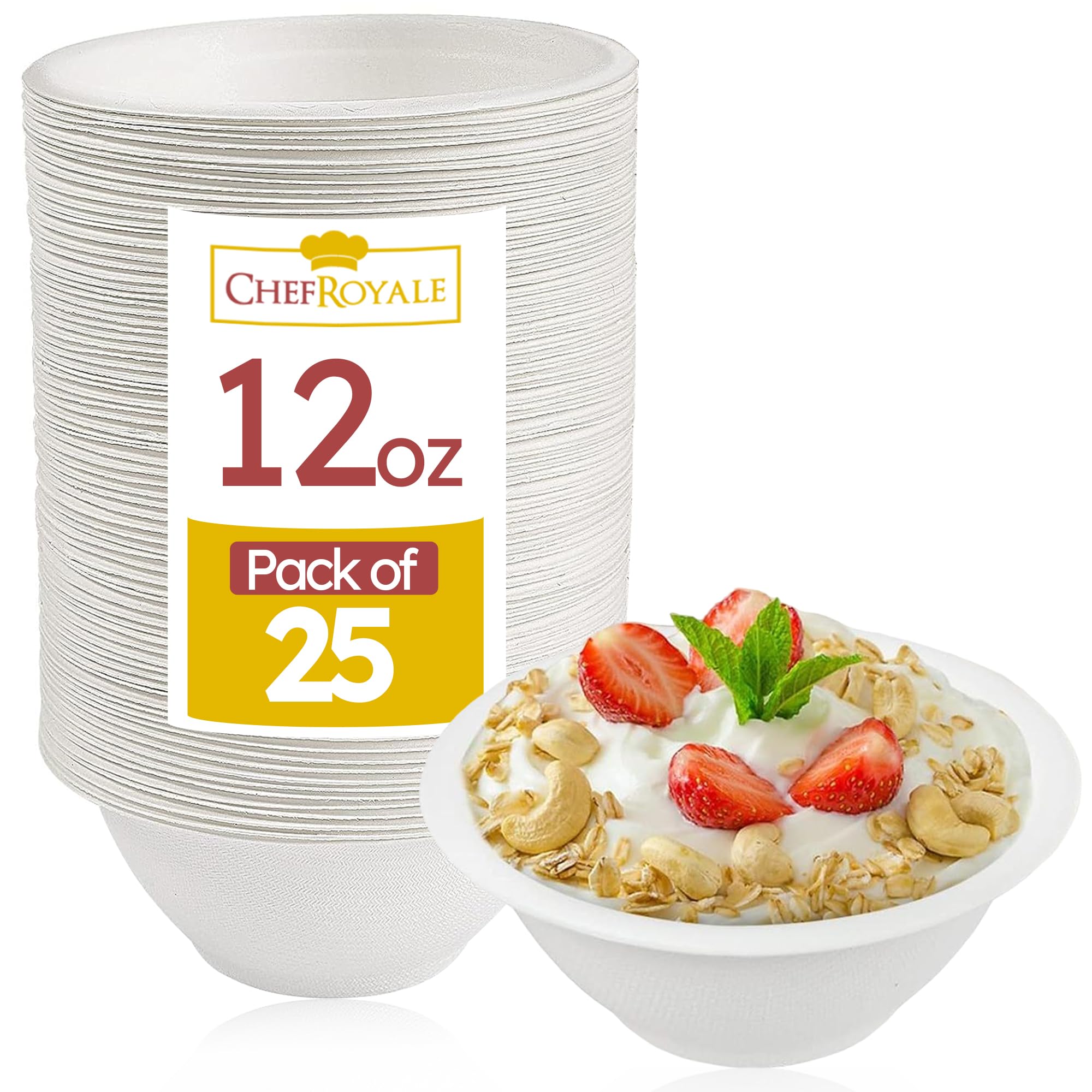 25 Pack Strong Paper Bowls – 340ml/12oz Disposable Sugarcane Bagasse Bowls for Party – Eco-Friendly Microwavable Soup Bowl for Dessert Milk Salad Cereals – Perfect for Birthdays Christmas Wedding
