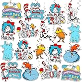 36Pcs Dr Seu Birthday Decorations Blue Theme Hanging Swirls Decor Cute Cat Ceiling Hanging Birthday Party Decor for School Party Classroom Decorations