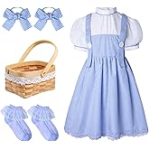 Pextian 4pcs Deluxe Storybook Character Costumes for Girls, Classic Blue Gingham Dress Costume with Hair Bows Basket Socks