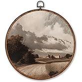 Voxitura Vintage Fall Landscape Wall Art Round Framed, Landscape Country Field Wall Decor Canvas Hanging Living Room, Rustic Retro Countryside Prints Artwork Decorations for Bedroom Dorm 10x10in