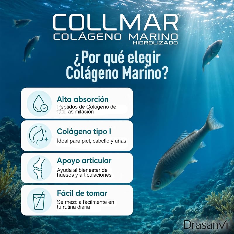 COLLMAR Colágeno Marino Hidrolizado con Ácido Hialurónico, Magnesio, Vitamina C | para Cartílagos, Huesos y Piel |Alta Dosis 9.717 mg/dia |300g de Polvo=28 Días | Sabor Limón
