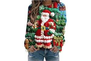 Ugly Christmas Sweatshirts for Women Crewneck Long Sleeve Funny 3D Santa Print Pullover Tops Casual Cute Xmas Sweater