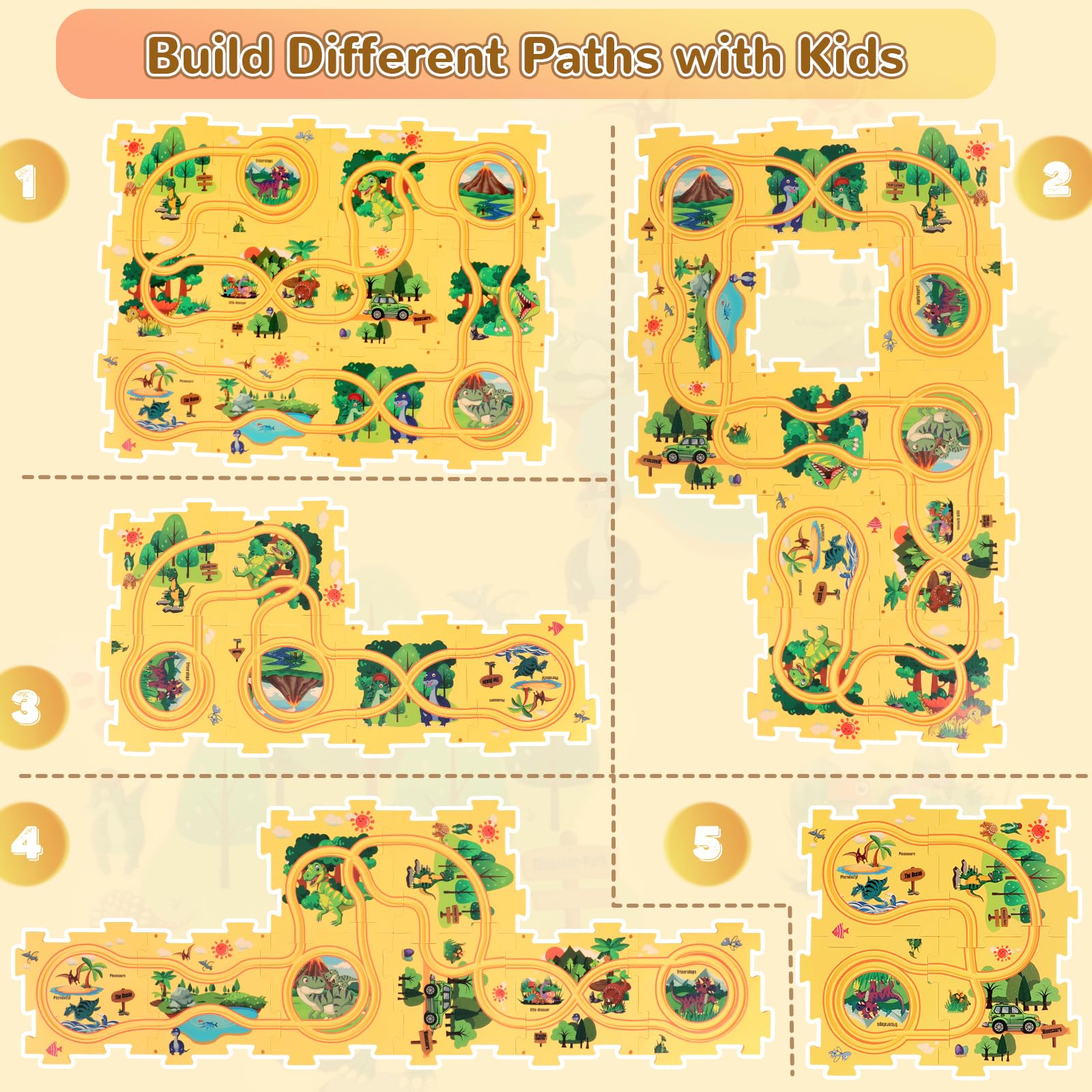 Plastic Dinosaur Puzzles for Kids with A Cute Car, Montessori Toys for 2 3 4 5 6 Year Old Boys, Race Tracks for Kids 3-5, Toddler Puzzle Track Play Set, Gifts for 2 3 4 5 6 Year Old Boys Toys