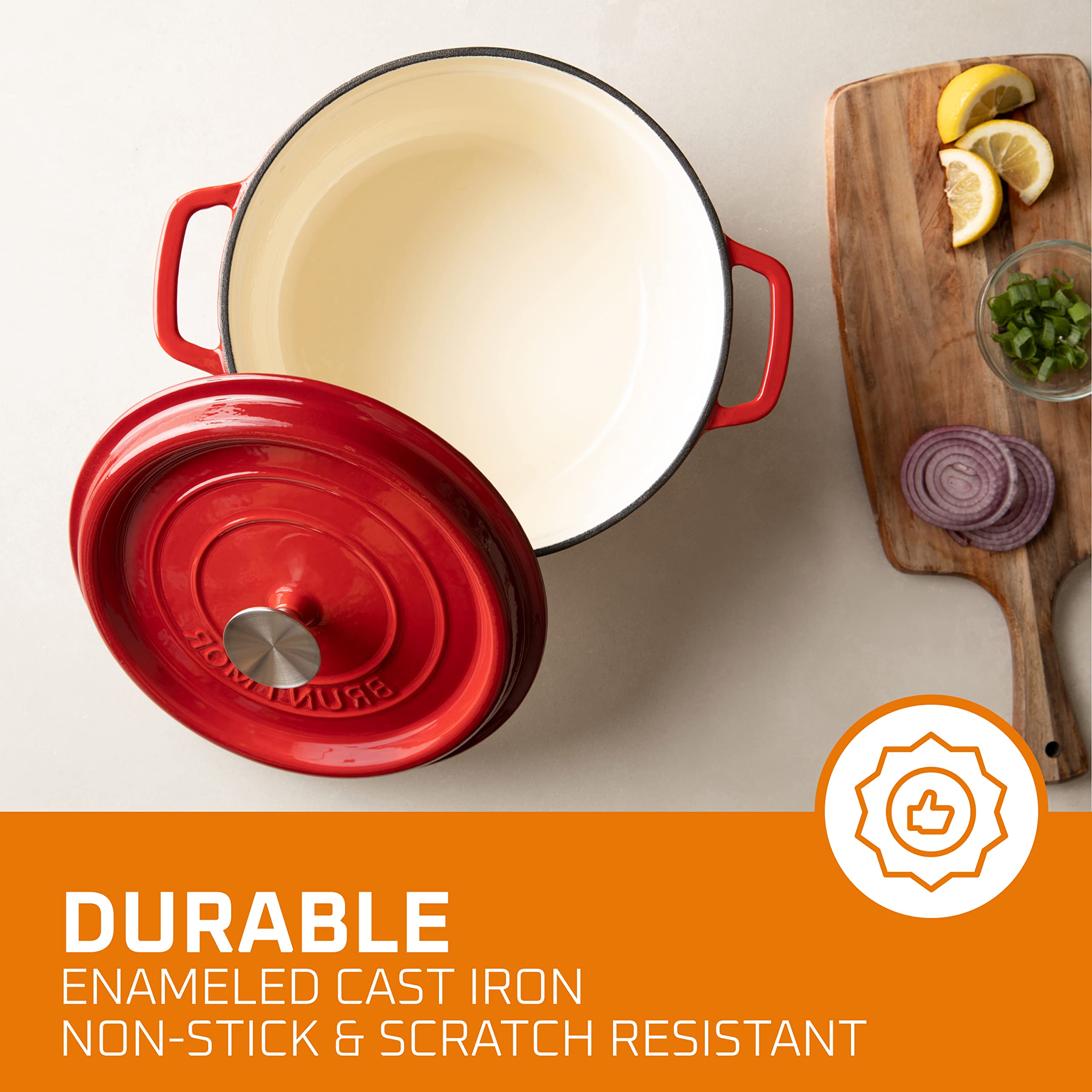 Bruntmor Pre-Seasoned Enameled Cast Iron Dutch Oven with Lid and Handle - 5.2 Quart Heavy Duty Casserole Dish for Cooking, Baking, and Braising - Oven Safe, Durable, Round Cast Iron Cooking Pot - Red