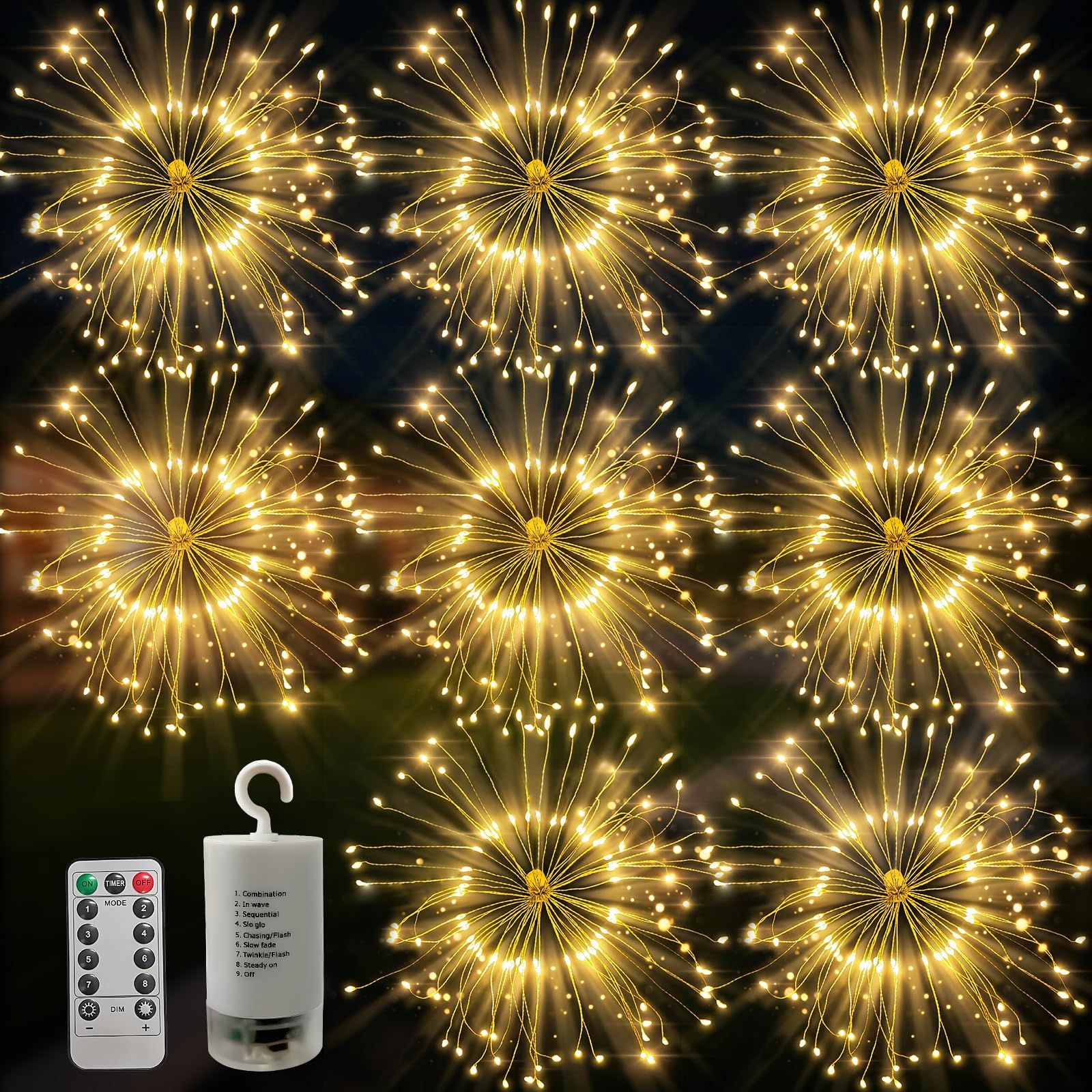 FOOING Firework Lights with 8 Modes: Hanging Starburst Lights 120 LEDs 8 Packs Dimmable | Waterproof Fairy String Lights with Remote | for Garden Outdoor Indoor Yard Lawn Party Patio Decor