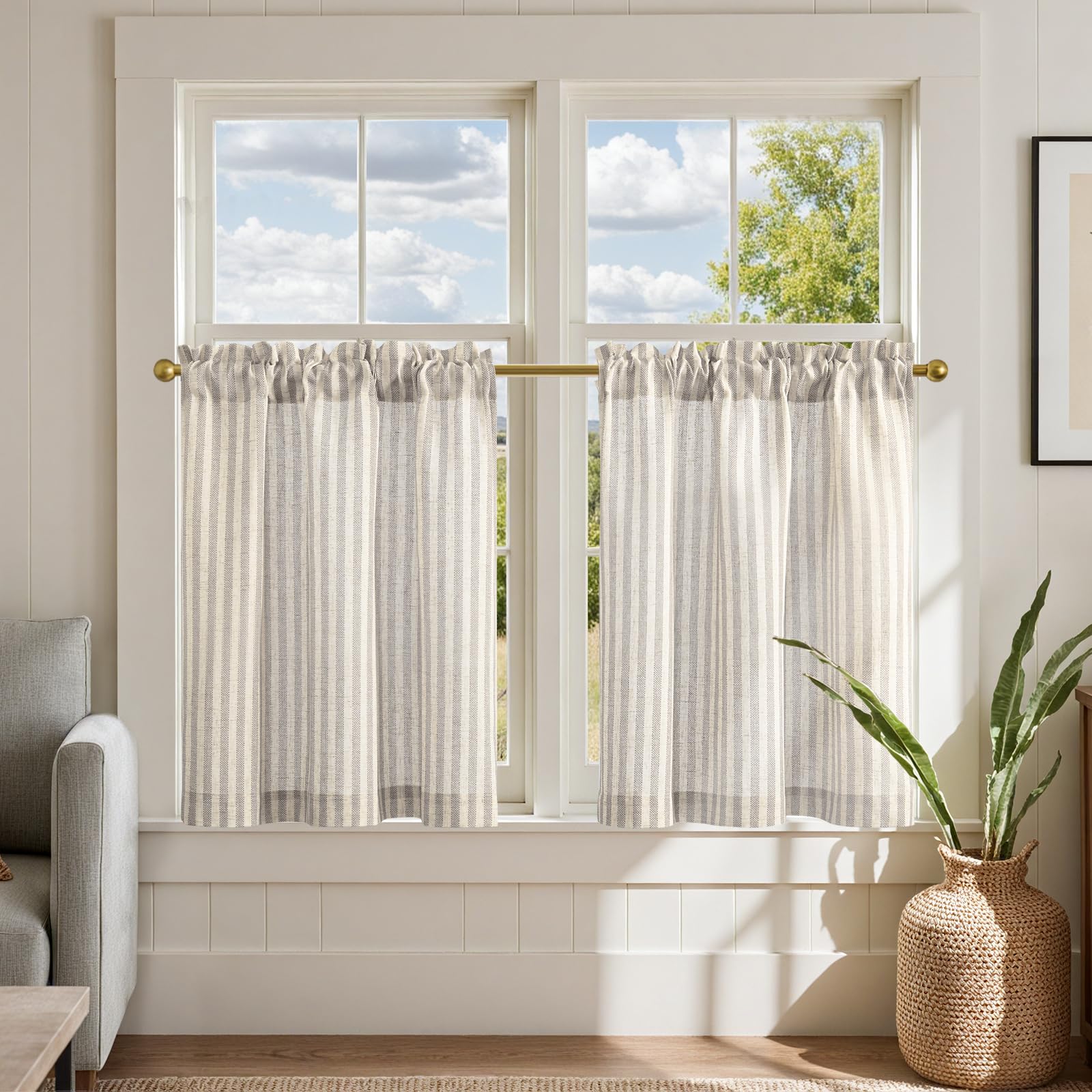 Photo 1 of jinchan Linen Kitchen Curtains 24 Inch Length Striped Tier Curtains Ticking Stripe Small Drapes for Living Room Bathroom Cafe Small Window Farmhouse Rustic Pinstripe Rod Pocket 2 Panels Taupe Grey