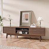 TOLEAD 59" TV Console, Mid Century Modern Media Console for 55/60/65 Inch TV, Low Profile TV Stand with Fluted Sliding Doors, Boho Light Wood Credenza for Living Room, Walnut