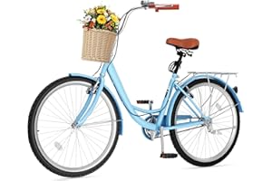DWVO Beach Cruiser Bike for Women, 24 & 26 Inch Womens Bike with Adjustable Seat, 1&7-Speed Comfort Bicycle for Adults City Commuter with Built-in Lock & Wicker Basket, Multiple Color