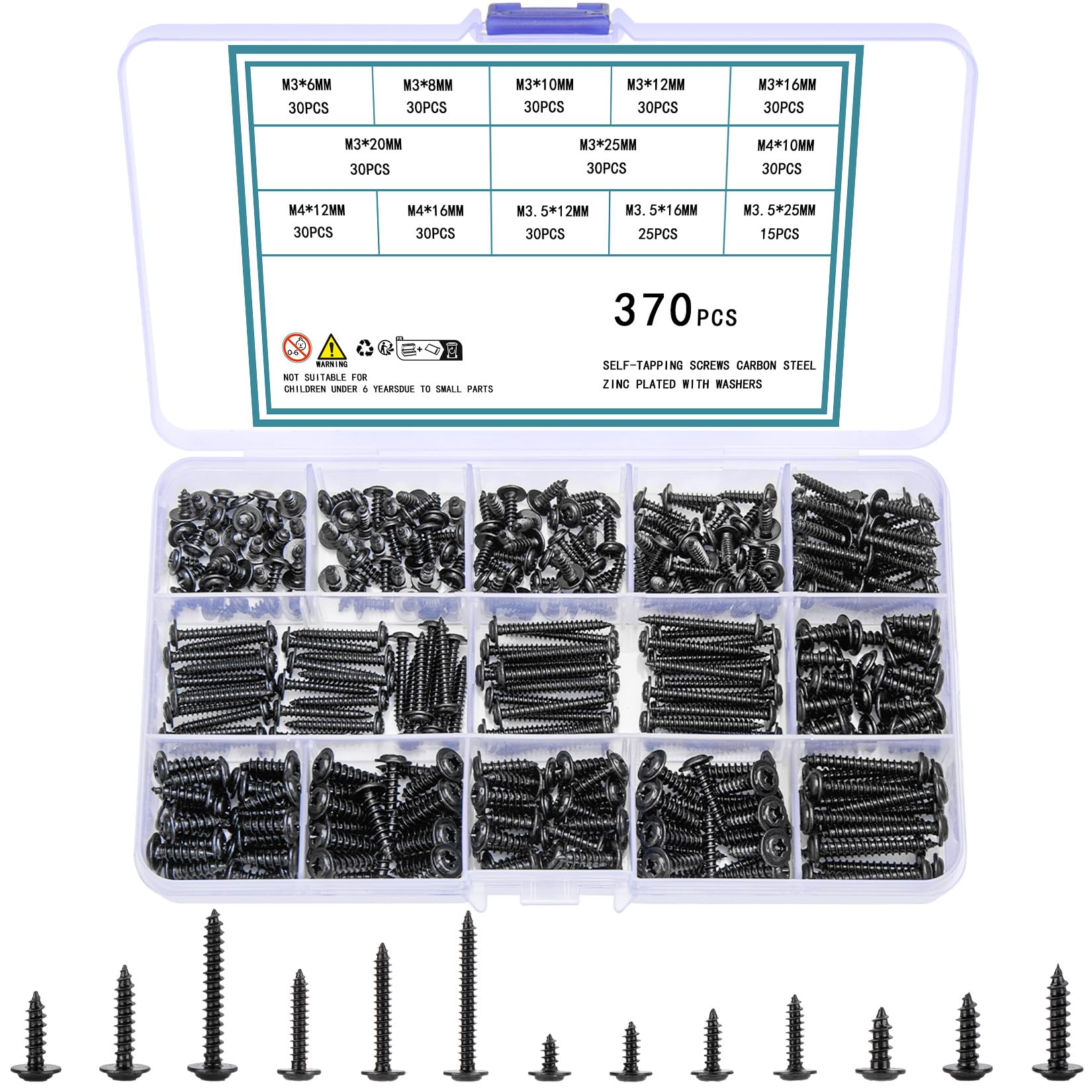 QOOSIKICC 370 Pcs Modified Truss Head Wood Screws Assortment Kit, Self Tapping Screws Kit, Carbon Steel Black Zinc Plated Sheet Metal Screws Set for Plastic, Wood, Soft Materials - M3/M3.5/M4