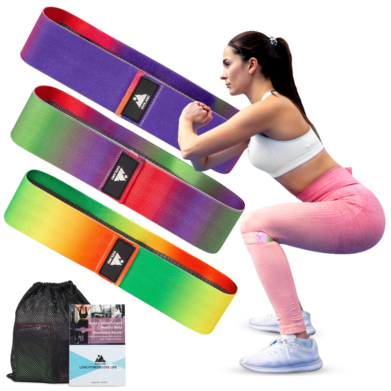 EVOLAND Fitness Bands Set of 3, Elastic Resistance Bands Set of 3 Fabric with 3 Resistance Levels, Non-Slip Exercise Bands for Glute Training, Yoga, Pilates, Gym