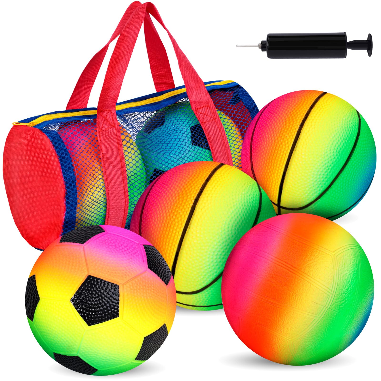 Photo 1 of AMOR PRESENT Sport Balls for Kids, Inflatable Balls with Bag Includes Rainbow Kickballs Volleyballs Dodgeballs, Fun Indoor Outdoor Toys, Sport Soft Bouncy Playground Balls, for Kids Sport Party Favors