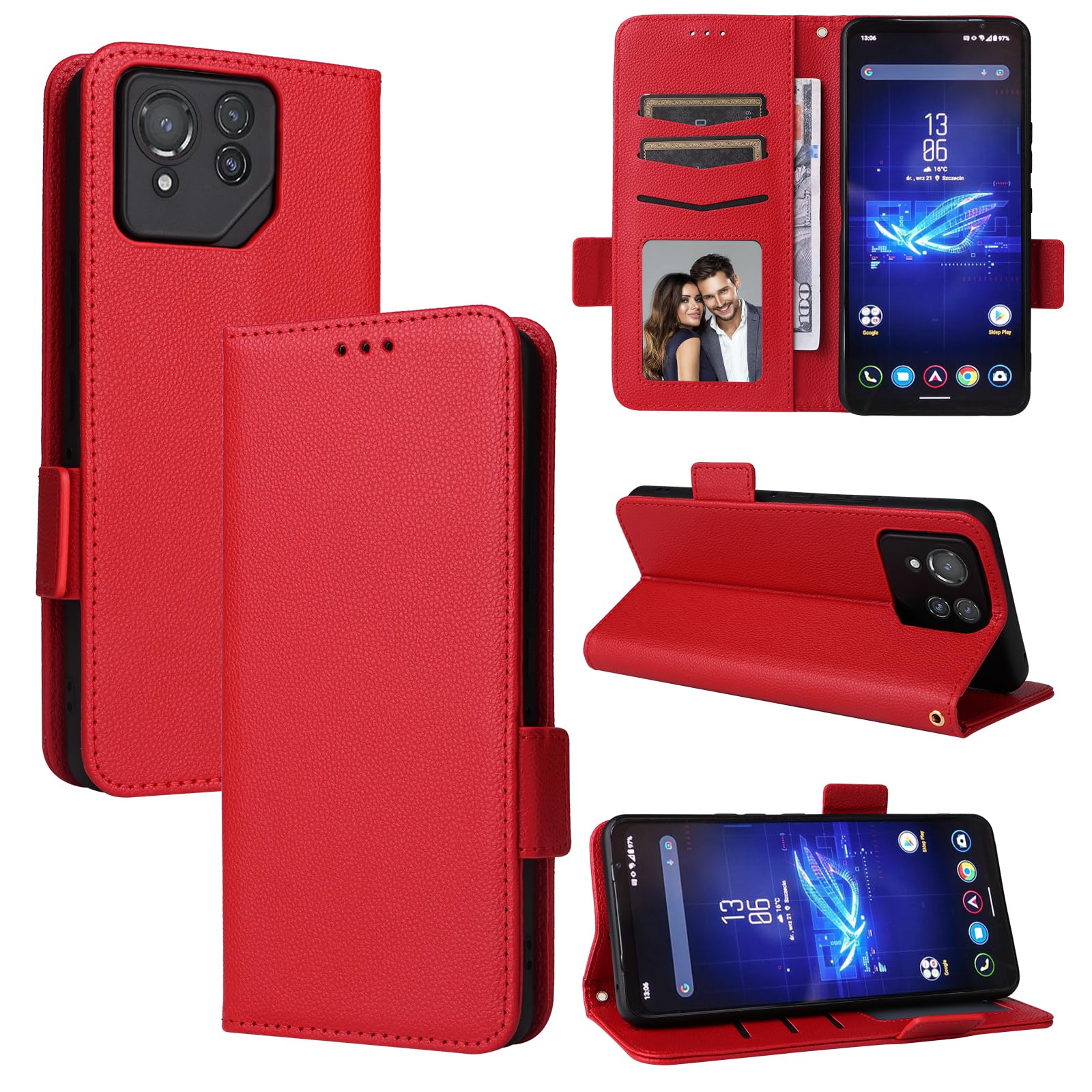 BELLA BEAR Asus Rog Phone 8 Pro Phone Case, Magnetic Flip Leather Wallet Case, Kickstand Case, Shockproof Protective Case for Asus Rog Phone 8 Pro-Red