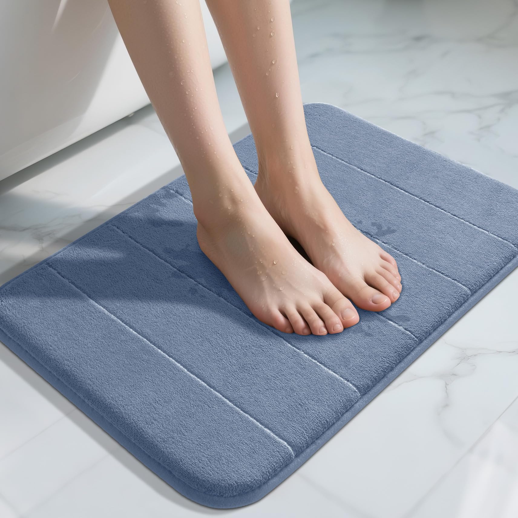 Yimobra Memory Foam Bath Mat Large Size, 43 x 61 cm, Soft and Comfortable, Super Water Absorption, Non-Slip, Thick, Machine Wash, Easier to Dry for Bathroom Floor Rug, Denim Blue