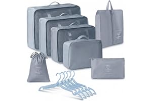IFYON 7 Set Packing Cubes Travel Organizer(Grey), Ripstop Mesh Ultralight Expandable Luggage Organizers with 5 Foldable Hange