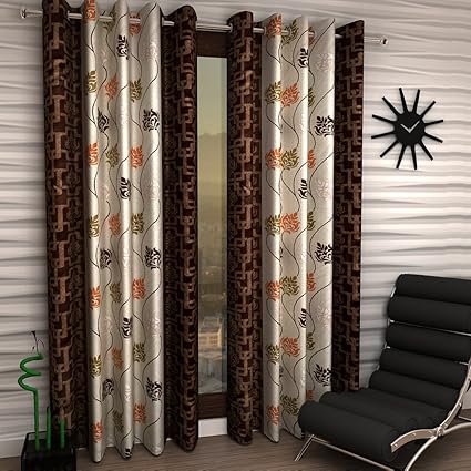 Home Sizzler Floral 2 Piece Eyelet Polyester Window Curtain Set - 5ft, Brown