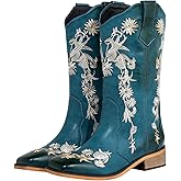 SheSole Women's Floral Rhinestones Square Toe Cowboy Boots Western Country Wedding Cowgirl Boots Wide Calf