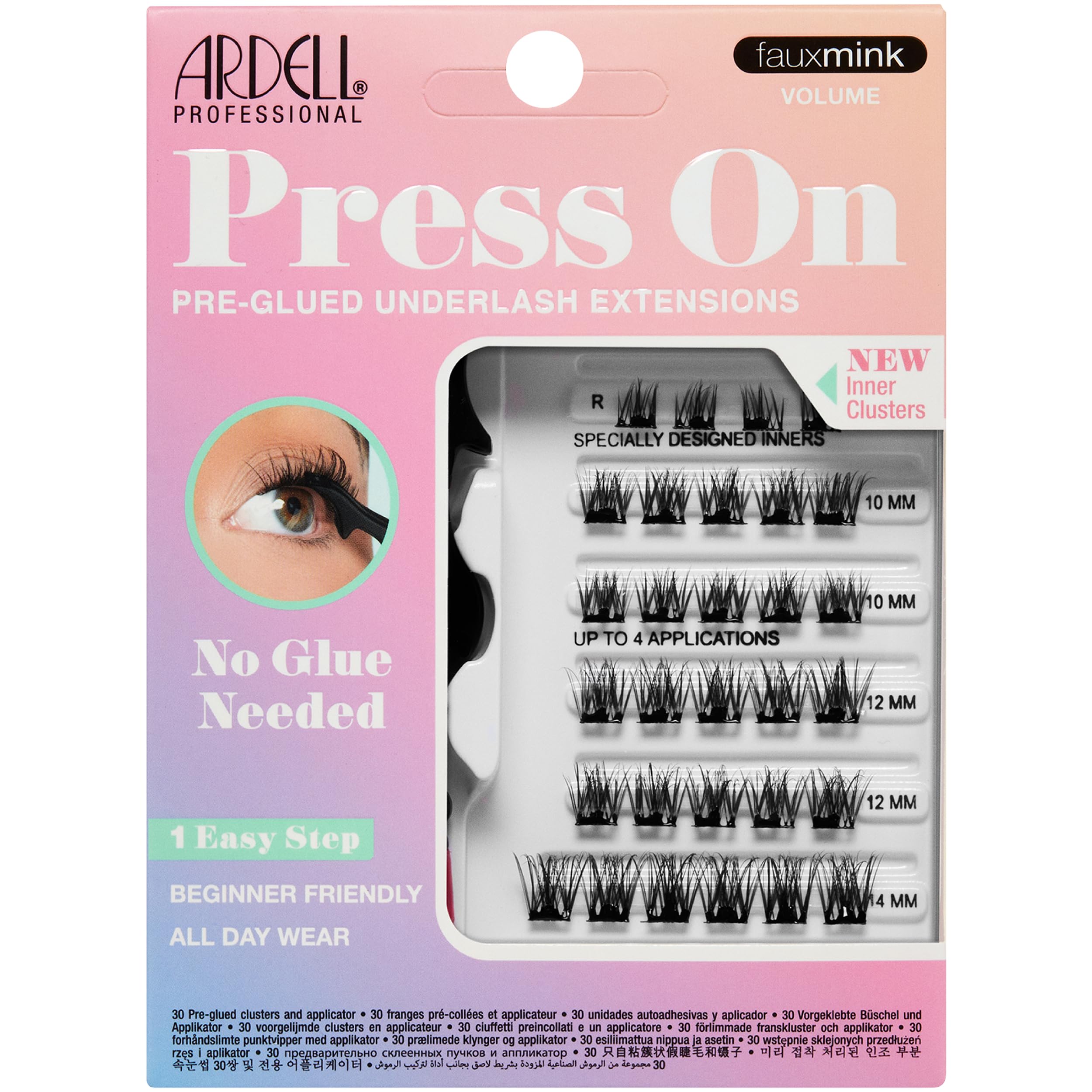 Ardell Press On Pre-Glued Underlash Eyelash Extensions, Faux Mink Volume Cluster Lashes Kit, Beginner-Friendly DIY Lash Extension Kit with Applicator, Assorted Lengths, 30 Lash Clusters