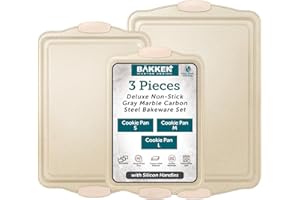 BAKKENMASTER BAKKEN Cookie Sheets for Baking Nonstick Set - 3-Piece Stackable Carbon Steel Baking Sheet Pans Set with Silicone Handles, Non Toxic Cookie Sheets for Baking Bakeware Set - White Marble