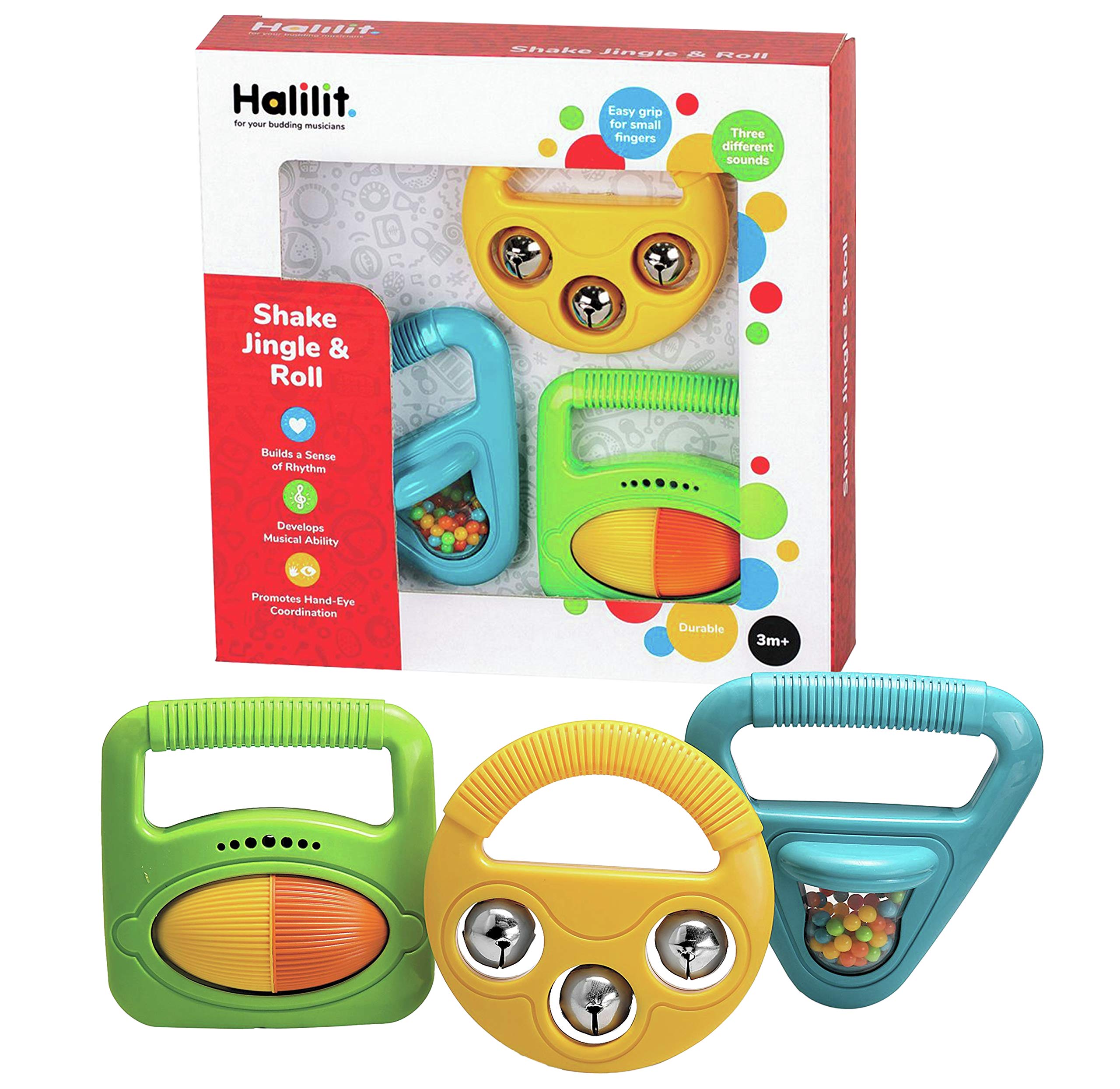 Halilit Musical Baby Shapes Musical Instrument Gift Set. Shaker Maraca, Ring my Bell and Rattle Roller. 3 Brightly Coloured, Durable, Sensory Music Toys. Suitable infants Boys & Girls 3 Months +