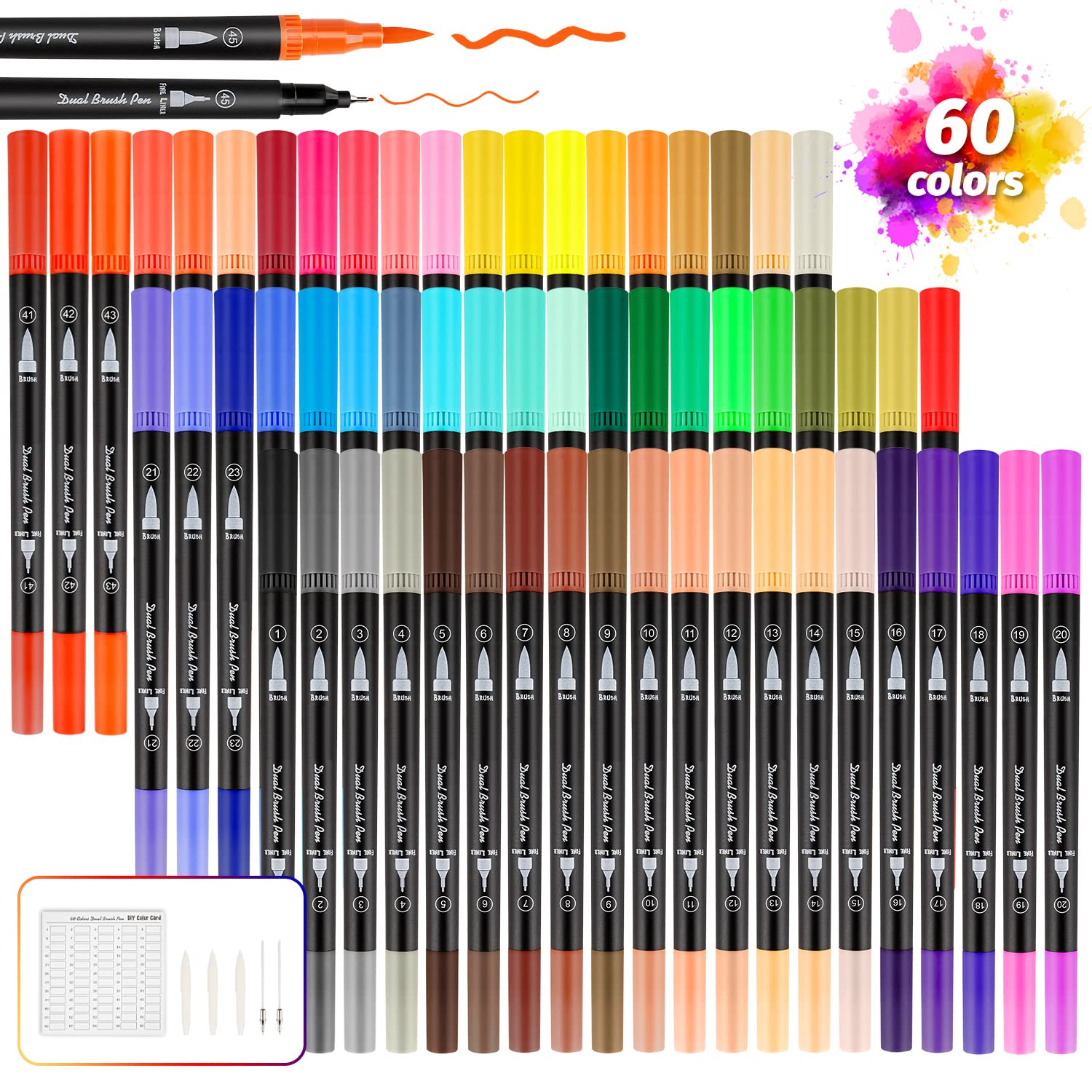Brush Pens Set, Dual Tip 60 Colors Felt Tip Pen Set Colouring Pens with Nylon Brush Tip and Fineliner Pens Art Markers, Watercolour Pens Ideal for Painting, Calligraphy, Colouring, Lettering, Journal