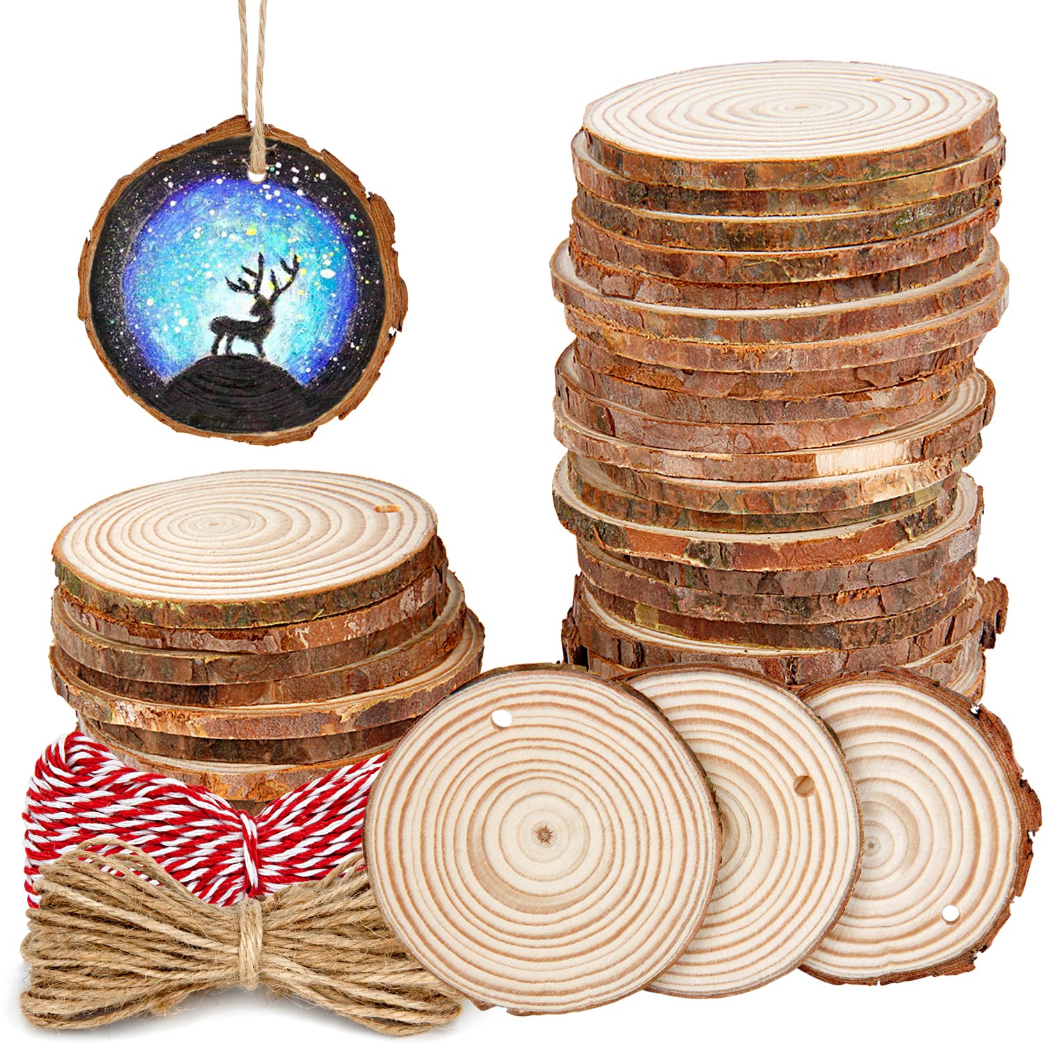 Photo 1 of 30 Pieces 2.4"-2.8" Natural Wooden Slices, Colovis Unfinished Wood Circles with Holes Tree Bark Round Log Discs DIY Crafts Hanging Ornaments (2.4"-2.8" 30Pcs, Natural)