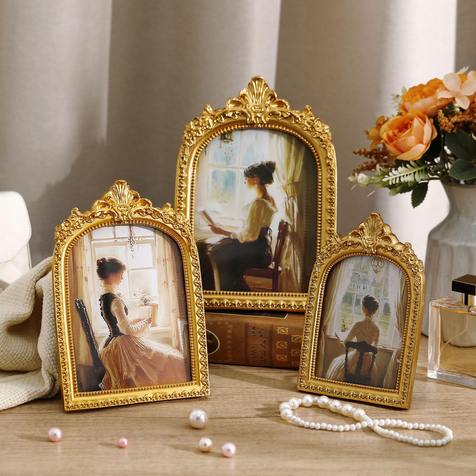 Photo 1 of Wonderjune 3 Pcs Vintage Picture Frames Baroque Ornate Gold Arched Photo Frames Antique for 4x6, 5x7, 6x8 In, Stand, Tabletop, Flower Ornate for Home Decor Photography Props Gifts(Elegant)
