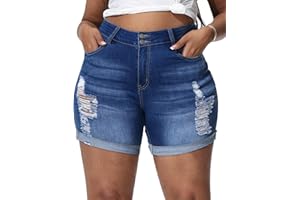 Gocolloa Womens Plus Size Jean Shorts Stretchy High Waisted Distressed Fold Hem Denim Shorts