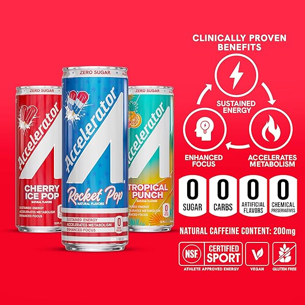 ACCELERATOR ENERGY DRINK, ULTIMATE VARIETY PACK 12OZ CAN (12 PACK), ZERO SUGAR, SUSTAINED ENERGY FROM 100% NATURAL CAFFEINE (200MG FROM GREEN COFFEE BEAN & GREEN TEA EXTRACT)