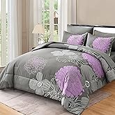 Yiran King Size Comforter Set Grey Purple Comforter Floral Bedding Boho Comforter Set 7 Pieces Soft Microfiber Bed Set for All Seasons 104"×90"