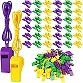 Kingdder 120 Pcs Mardi Gras Throws Plastic Whistles Bulk with Lanyard Mardi Gras Accessories Loud Crisp Sound Whistles Prize Gift for Party Parade Carnival Holiday Birthday