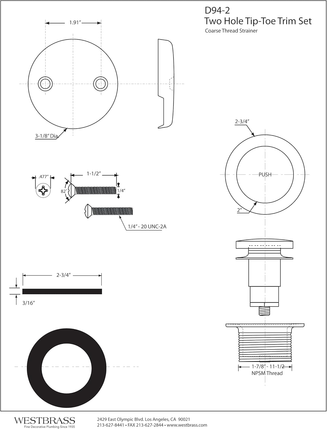 Westbrass Twist & Close Tub Trim Set with Two-Hole Overflow Faceplate, Matte Black, D94-2-62 - Drain Stoppers - 