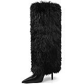 Kalstage Women Fur Knee High Boots Heels Wide Calf Fold Over Tall Boots for Party Evening Fashion Shows