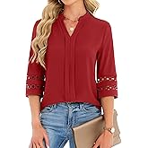 Funlingo 3/4 Length Sleeve Womens Tops V Neck Dressy Casual Blouses Lace Tunic Pleated Shirts Business Casual Outfits 2026