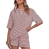 ZESICA Womens Summer 2 Piece Short Sets Striped Oversized Matching Lounge Airport Travel Workout Beach Vacation Outfits