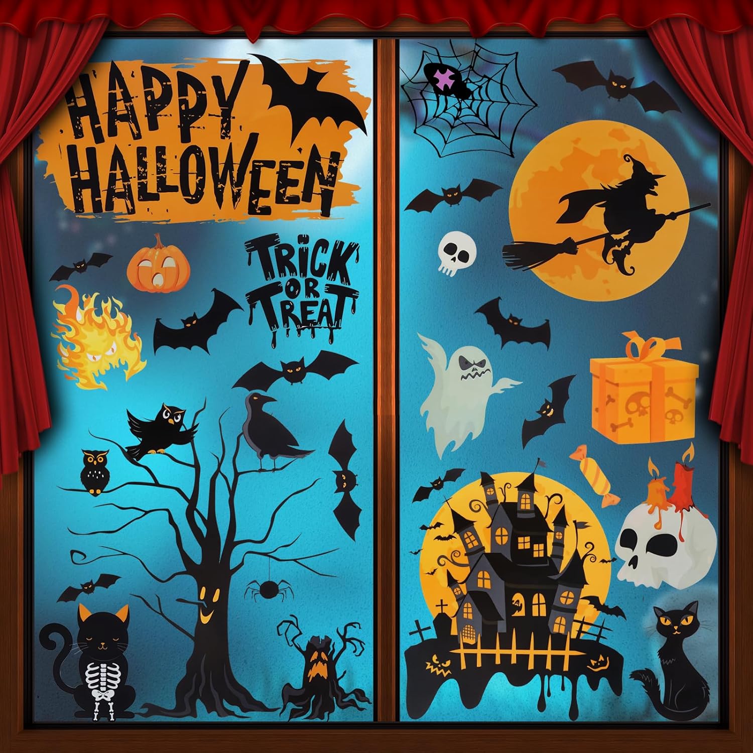 Window Treatments - Halloween Window Clings Halloween Decorations 6 Sheets Halloween Window Stickers Decals with Ghost Spider Witch Haunted House Halloween Window Clings for Glass Windows for Halloween Window Decorations