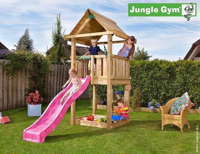 Spielturm Jungle House - Set mit Feuerwehrstange Sandkasten Kletterturm - Jungle Gym (inkl. Holzpaket)