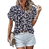 LOOKBOHO Womens Tops Dressy Casual Trendy Business Work Blouses Short Sleeve Ruffled V-Neck Tshirts