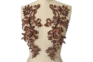 SUCCI SHAN Handmade Beaded Rhinestone Appliques Sew on Crystal Lace Patch, 1 Pair for DIY Clothing, Wedding Dress,Multi-Color Costume Decoration (Brown)