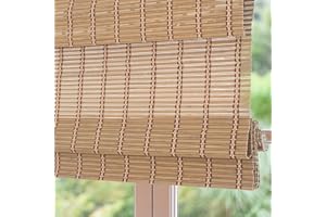 Sunbox Cordless Bamboo Roman Shade Blind, Woven Wood Roman Shades, Light Filtering Natural Bamboo Shades for Windows, French Doors, 24" W x 48" H, Caramel Brown