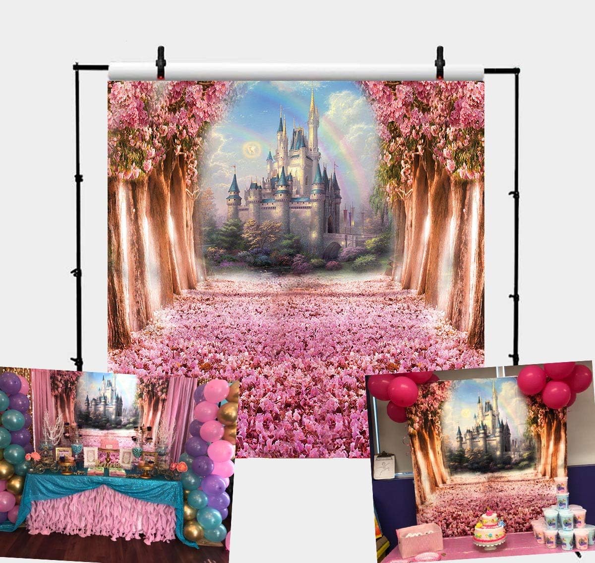 Daniu Cherry Blossoms Spring Photography Backdrop Fairytale Castle Children Photo Booth Backdground Castle Princess Theme Cake Table Decoration Banner Studio Props for Baby Prince Girl Birthday Party