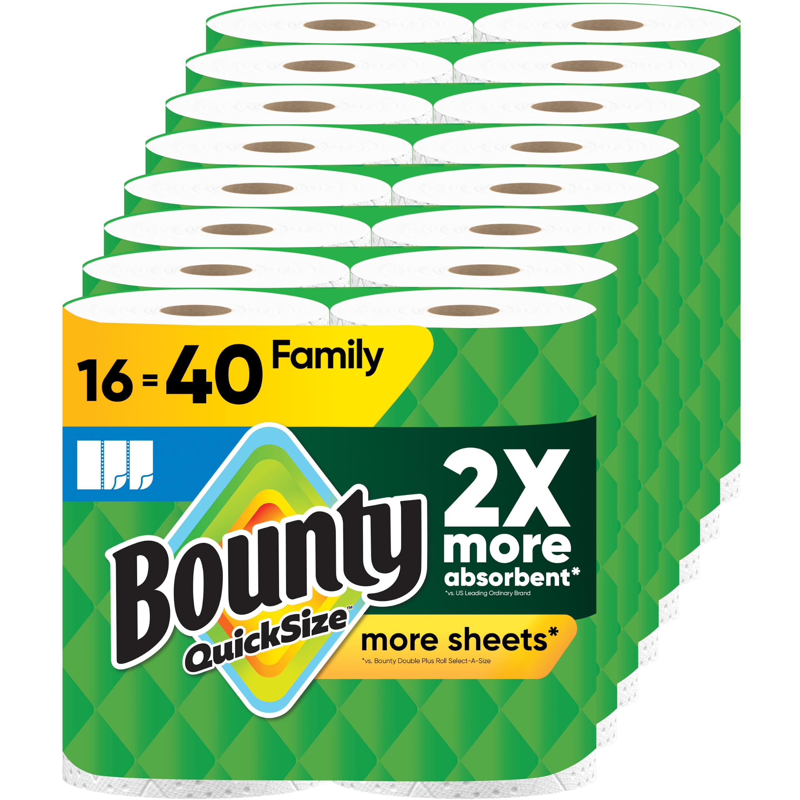 Bounty Paper Towels Quick Size, White, 16 Family Rolls = 40 Regular Rolls
