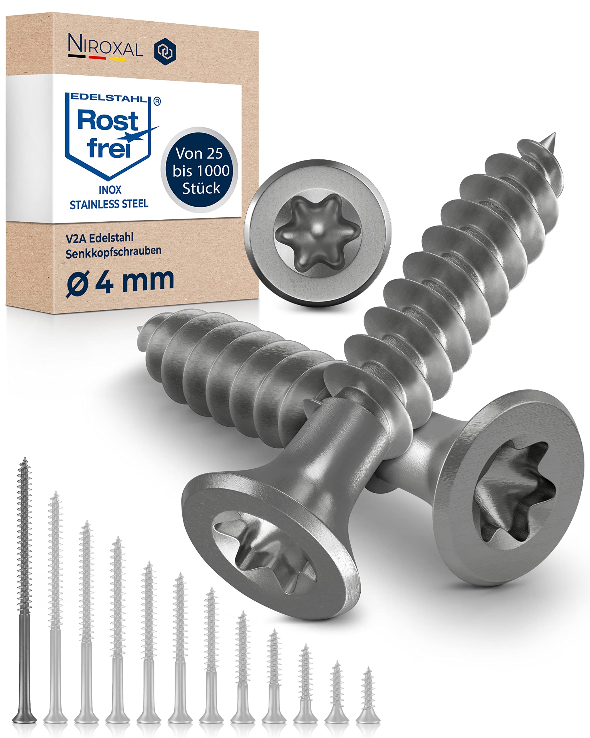 Stainless Steel TORX countersunk Head Screw Made of V2A 4-mm Thick 80-mm Screw Length 400 Pieces 48-mm Partial Thread Wood Screw 4x80
