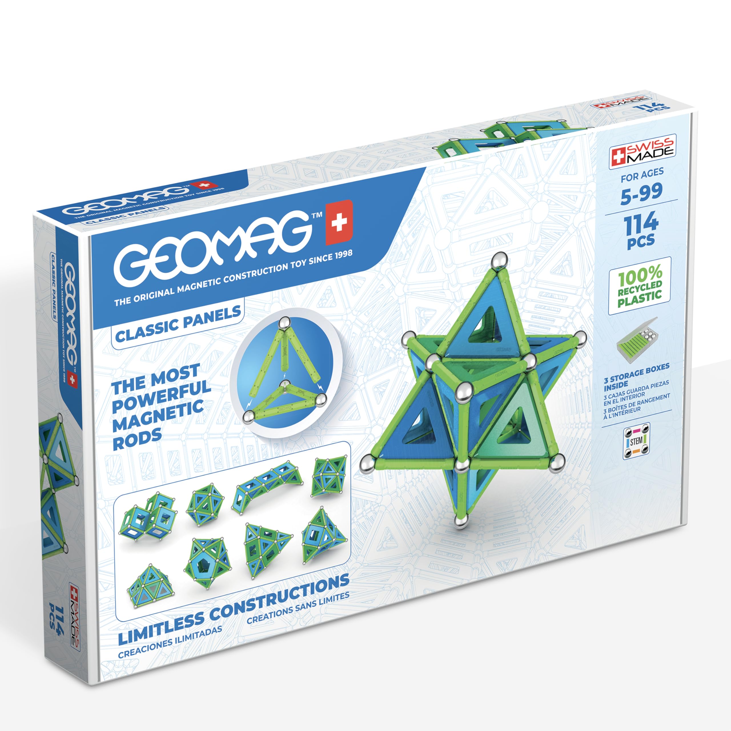 Geomag - Classic Panels 114 Pieces- Magnetic Construction for Children - Green Collection - 100 Percent Recycled Plastic Educational Toys