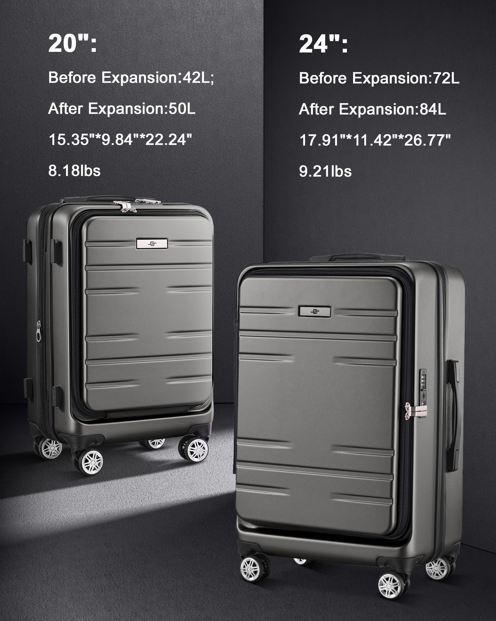 Carry On Luggage Airline Approved,Expandable PC Hard Shell Suitcase with wheels,Front Opening Suitcases