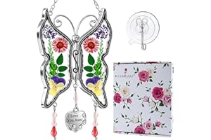 KY&BOSAM Butterfly Suncatcher I Love You Aunt Stained Glass Suncathers for Windows Hanging Wind Chime with Pressed Flower Embedded in Glass Birthday Gifts for Aunt Mother`s Valentine's Day