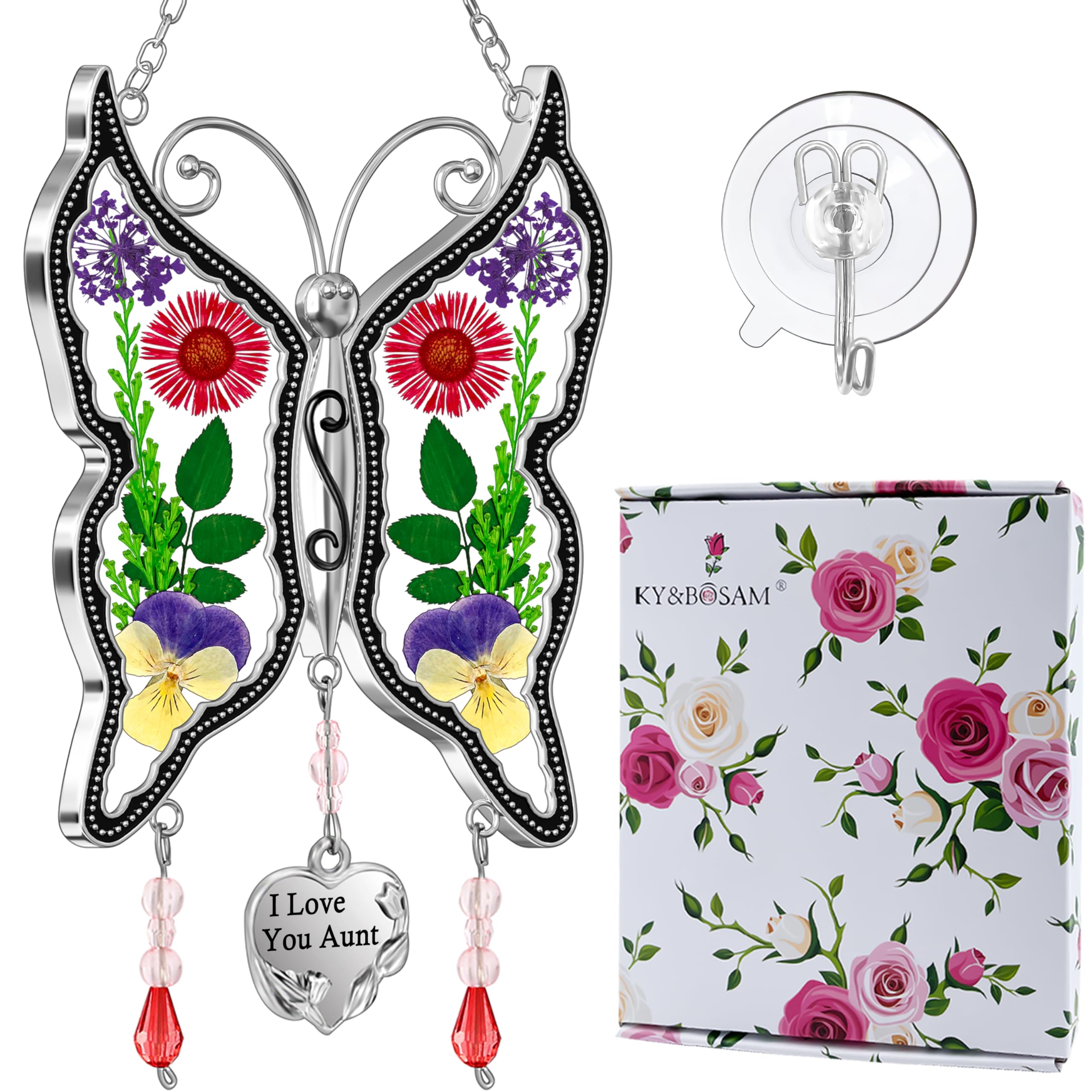 KY&BOSAM Aunt Butterfly Suncatcher with Pressed Flower Wings and a Silver I Love You Aunt Heart Charm - Butterfly Suncatcher – Aunt Gifts - Gifts for Aunt – Gifts for Mother`s Day Birthday Christmas